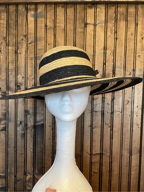 Pier 1 Black and Natural Striped Wide-Brim Straw Hat